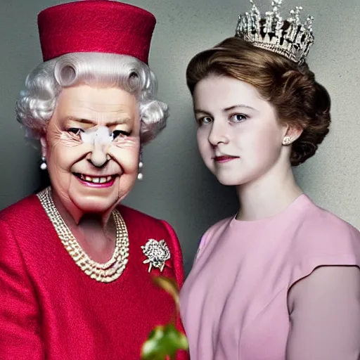 Image similar to A portrait photo of queen elizabeth teams up with a teenage queen elizabeth, perfect faces, 50 mm, award winning photography