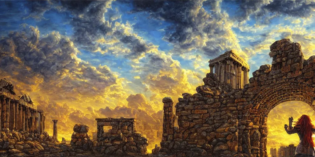 Image similar to fantasy oil painting, megalithic city of athens, fantasy, buildings, colossal, gate, looming, small buildings, warm lighting, street view, daytime, silhouetted figure standing overlooking the port city, epic, distant mountains, bright clouds, luminous sky, cinematic lighting, michael cheval, michael whelan, artstation, oil painting, vray, 8 k hd