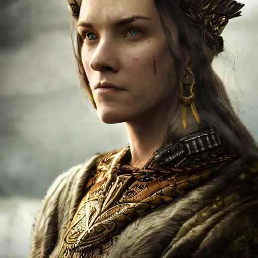 Image similar to the elder scrolls vi, charismatic regal humble brunette female jarl, portrait, throne room, atmospheric lighting, painted, intricate, volumetric lighting, beautiful, daytime, sunny weather, slight overcast, sharp focus, deep colours, ultra detailed, by leesha hannigan, ross tran, thierry doizon, kai carpenter, ignacio fernandez rios