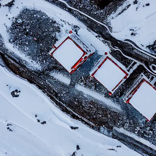 Prompt: snowy region on coast of Iceland, old mine and crates full of supplies buried in snow::2 aerial drone perspective, top down view ::1 sattelite image of snow from 150 meters height, some coal boxes and barrels are covered in snow, old mine remains :: 1 snow, wind falling snow ::1
