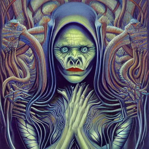 Image similar to she is looking at you wildly by jacek yerka, alex gray, zdzisław beksiński, dariusz zawadzki, jeffrey smith and h.r. giger, oil on canvas, 8k highly professionally detailed, trending on artstation