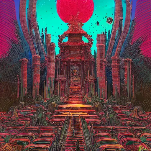 Image similar to highly detailed illustration of a temple on a strange planet, juxtapoz magazine, moebius, kilian eng, behance, deviant art, thomas rome