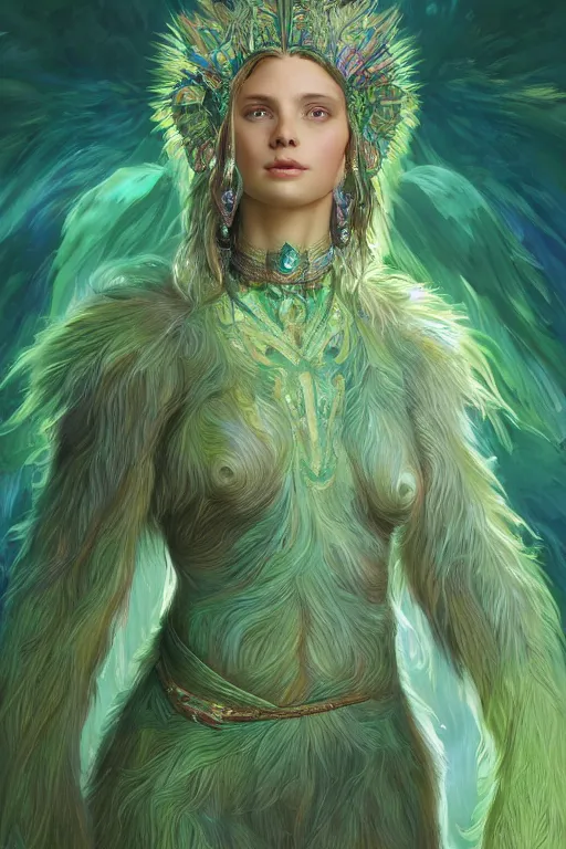 Image similar to a beautiful upper body shot from a fantasy film of a humanoid iridescent green owlbear wearing a loose tunic. an anthropomorphic phoenix. fantasy, frown, intricate, elegant, highly detailed, digital painting, artstation, concept art, matte, sharp focus, illustration, art by artgerm and greg rutkowski and alphonse mucha