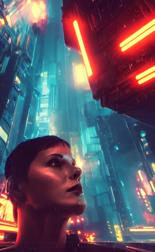 Image similar to professional photo of astronaut looking in the camera from low angle shot, cyberpunk background, blade runner, hyperrealistic masterpiece, trending on artstation, cgsociety, kodakchrome, golden ratio, cinematic, composition, beautiful lighting, hyper detailed, sharp focus, octane render, 4 k, unreal engine