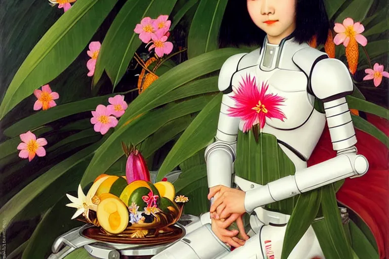 Image similar to a portrait of asian female with short black hair dressed with a robot knight plastic white armor dress from evangelion, sit in a throne surrounded by garlands of tropical fruits and flowers, masterpiece painted by jc leyendecker