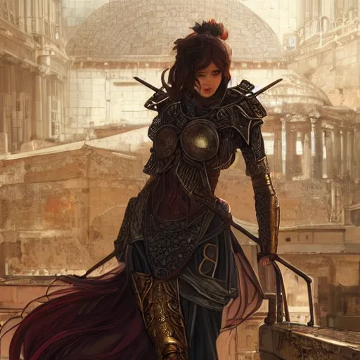 Image similar to portrait knights of Zodiac girl, metallic black and reddish color reflected armor, in ruined Agora of Athens, ssci-fi, fantasy, intricate, very very beautiful, elegant, golden light, highly detailed, digital painting, artstation, concept art, smooth, sharp focus, illustration, art by WLOP and tian zi and alphonse mucha