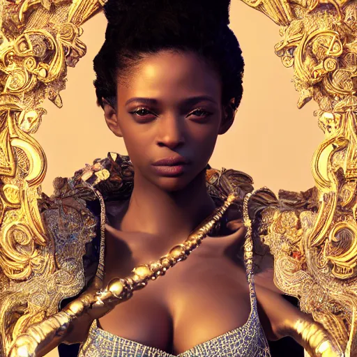 Prompt: the portrait of the absurdly beautiful, graceful, elegant, gorgeous, innocent black french young glamour model made with crystals, an ultrafine hyperdetailed illustration by kim jung gi, irakli nadar, intricate linework, bright colors, octopath traveler, final fantasy, unreal engine 5 highly rendered, global illumination, radiant light, intricate environment