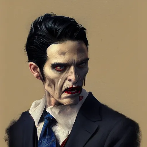 Prompt: A painting of a vampire dressed in a dark blue three piece suit with a red tie, 40 years old, ponytail, black hair, some grey in the hair, detailed, oil paint, by Greg Rutkowski, trending on artstation