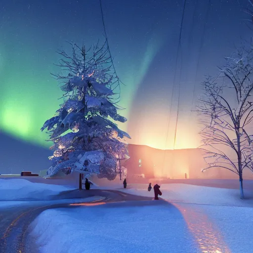 Image similar to a landscape with northern lights and village, winter, glowing lights, artstation, concept art, 4k, octane render