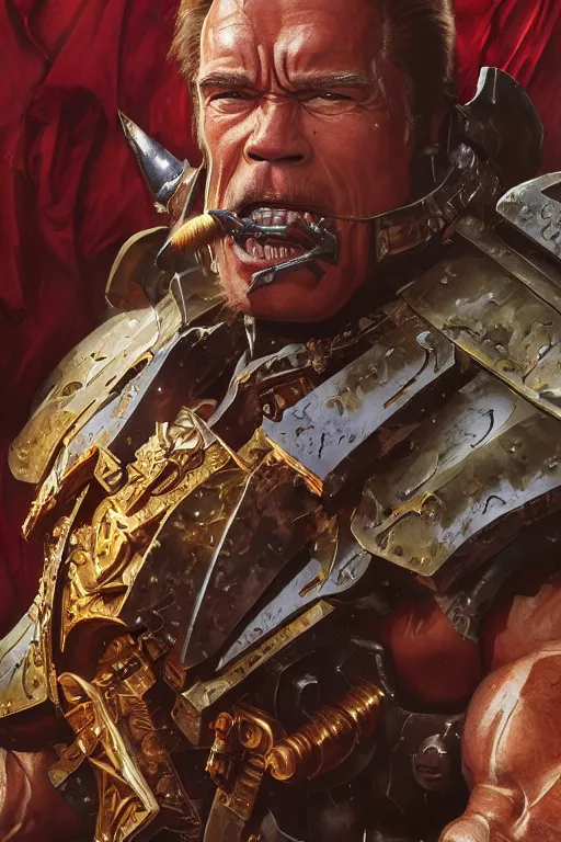 Prompt: arnold schwarzenegger as a warhammer ork boss, highly detailed, digital painting, artstation, concept art, sharp focus, illustration, art by artgerm and greg rutkowski and alphonse mucha