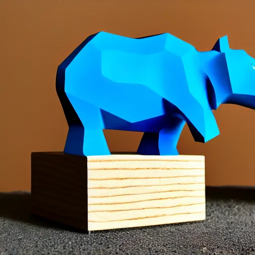 Image similar to a beautiful minimalist curvy shaped small sculpture of hippopotamus!!!, ( ( wood ) ) and ( ( blue epoxy ) ) on top mix, cubic blocks stripes cuts, side view profile centered, studio, design