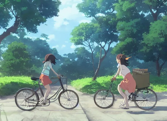 Prompt: a girl cycling along a path with her cat in a basket on the front of the bike, wide shot, peaceful and serene, incredible perspective, anime scenery by Makoto Shinkai and studio ghibli, very detailed