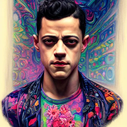 Image similar to portrait of rami malek, hyper detailed masterpiece, neon floral pattern, jean giraud, digital art painting, darkwave goth aesthetic, psychedelic, artgerm, donato giancola and tom bagshaw