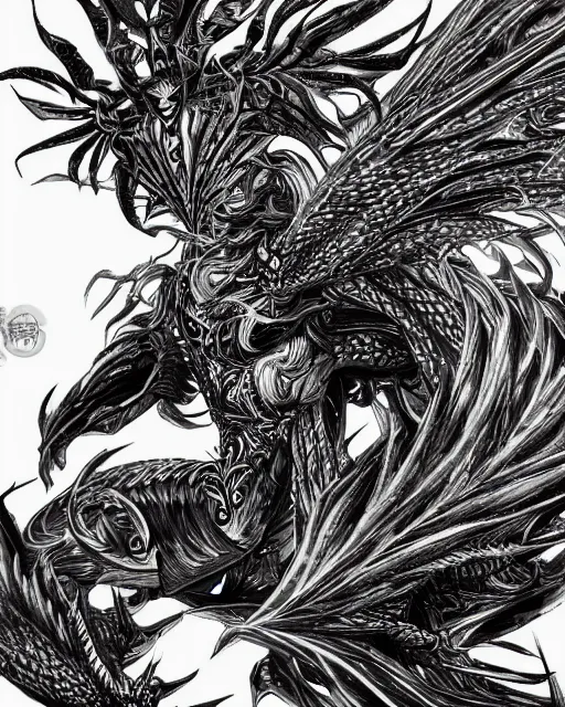 Image similar to A phoenix, black and white, epic, highly detailed, close-up, fantasy art, dragon art, in the style of masami kurumada, illustration, epic, fantasy, intricate, hyper detailed, artstation, concept art, smooth, sharp focus, ray tracing