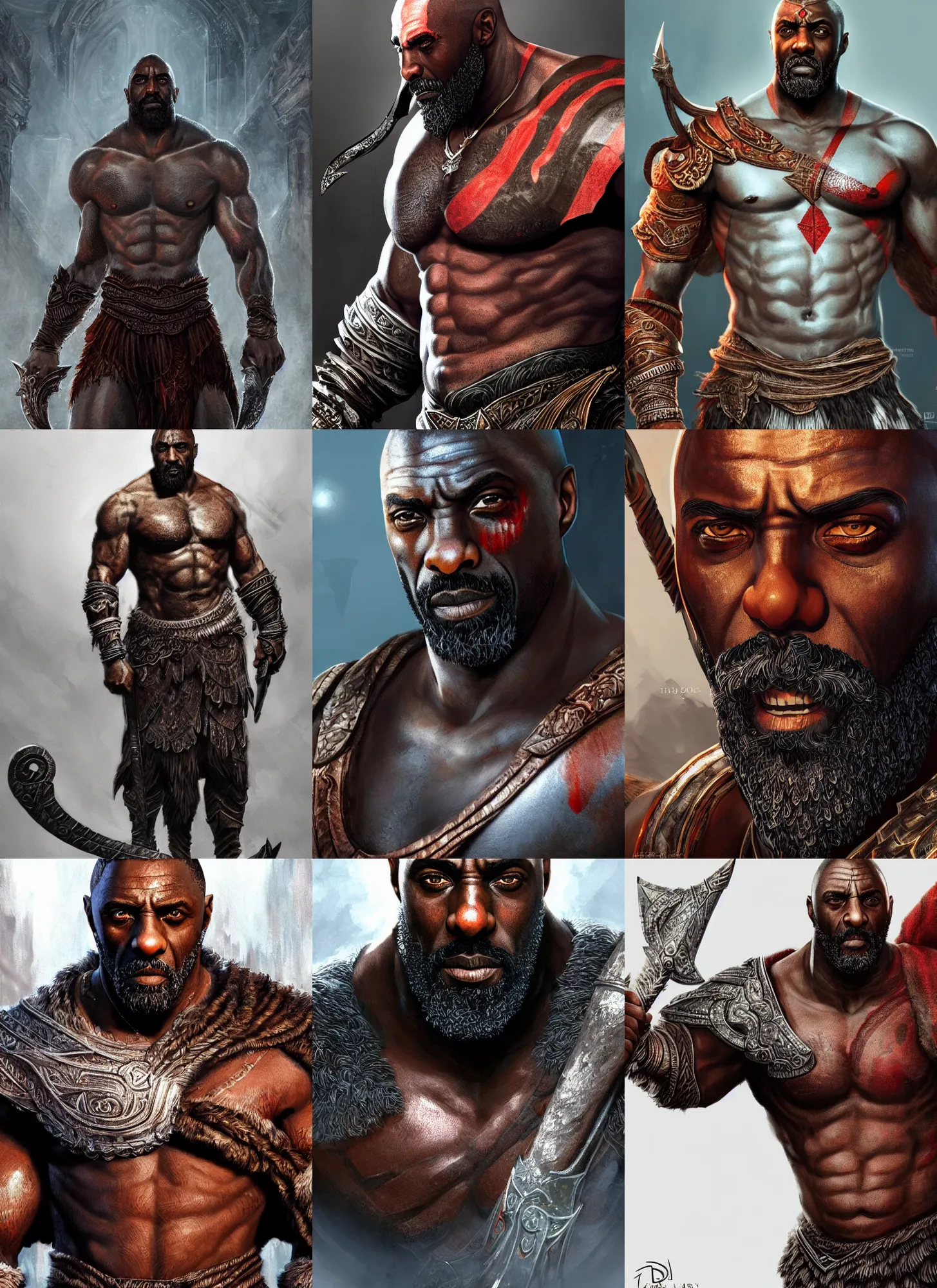 Prompt: a highly detailed illustration of idris elba as god of war kratos, intricate, elegant, highly detailed, centered, digital painting, artstation, concept art, smooth, sharp focus, league of legends concept art, wlop