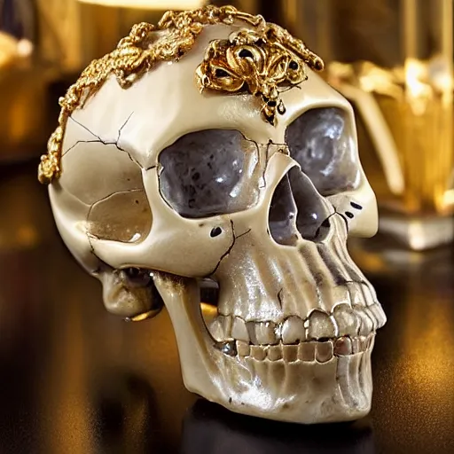 Image similar to a orante human skull with rococo carvings and gold plated detailing encased in an icecube