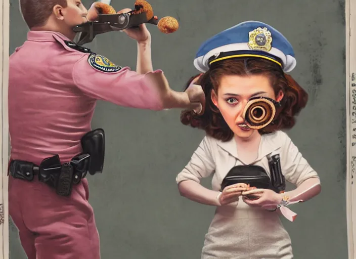 Prompt: a donut eating a police officer, lowbrow, matte painting, 3 - d highly detailed, in the style of mark ryden,