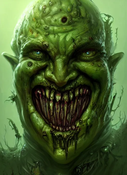 Prompt: portrait of nurgle, smiling, happy, jovial, rotting pools, evil, grim dark, gloomy, mist, warhammer 4 0 k, intricate, elegant, evil green candles, highly detailed, digital painting, artstation, concept art, smooth, sharp focus, illustration, art by wlop, mars ravelo and greg rutkowski