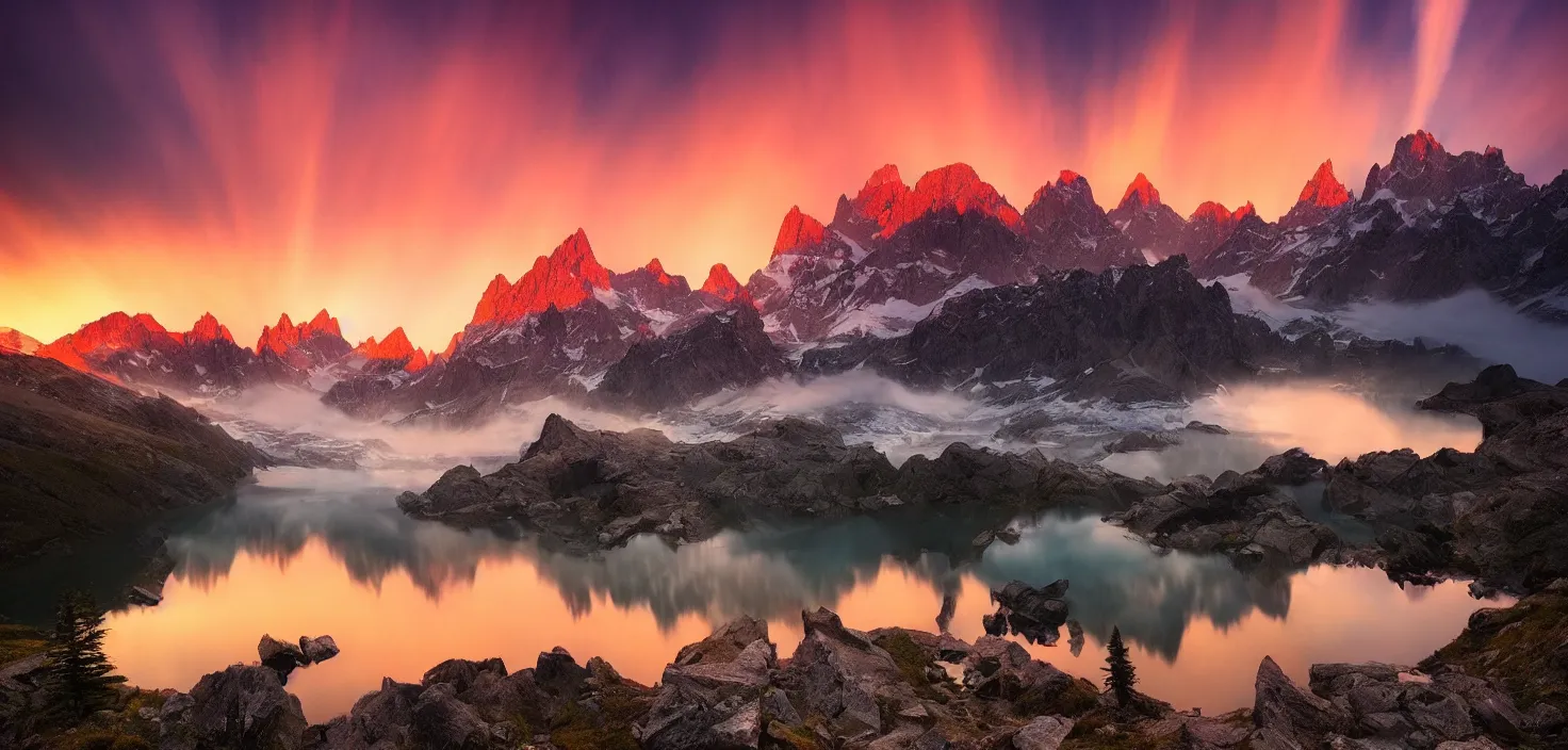 Image similar to amazing landscape photo of mountains with lake in sunset by marc adamus, beautiful dramatic lighting