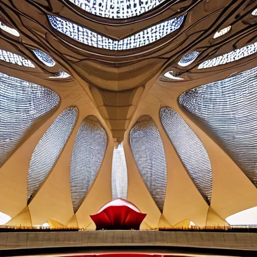 Prompt: interior of a futuristic lotus temple with gold, red and white marble panels, shafts of sunlight in the centre, in the desert, by zaha hadid, intricate contemporary architecture with art nouveau motifs, photo journalism, photography, cinematic, national geographic photoshoot