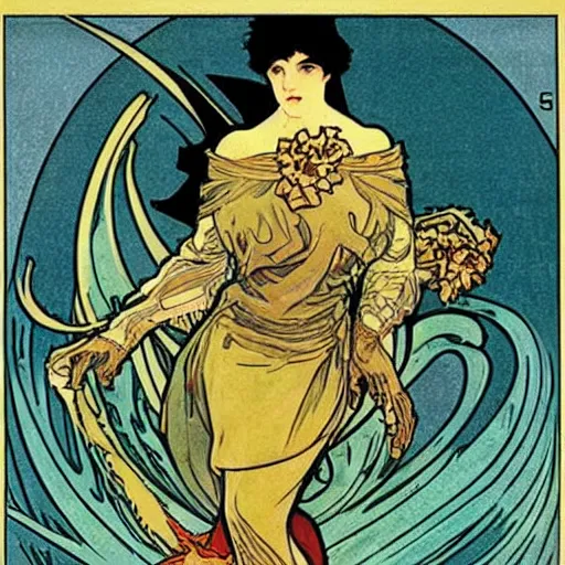 Prompt: Godzilla art nouveau, Alphonse Mucha