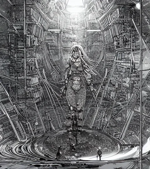 Image similar to tarkovsky scene, epic ancient tower of babylon above a woman in transparent cyber clothing, hyperrealistic, blame, manga style, drawing by tsutomu nihei, cyber world, concept art, hyper - detailed, smooth, masterpiece, epic, cinematic, high quality