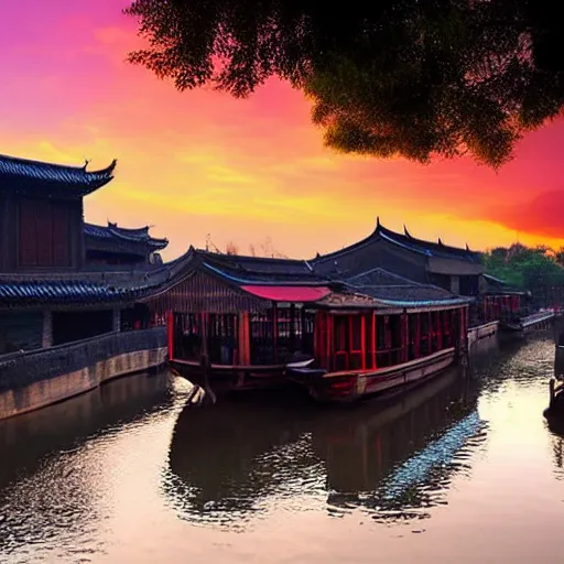 Image similar to evening water town in the south of china, zhouzhuang ancient town, sunset glow, super realistic photo