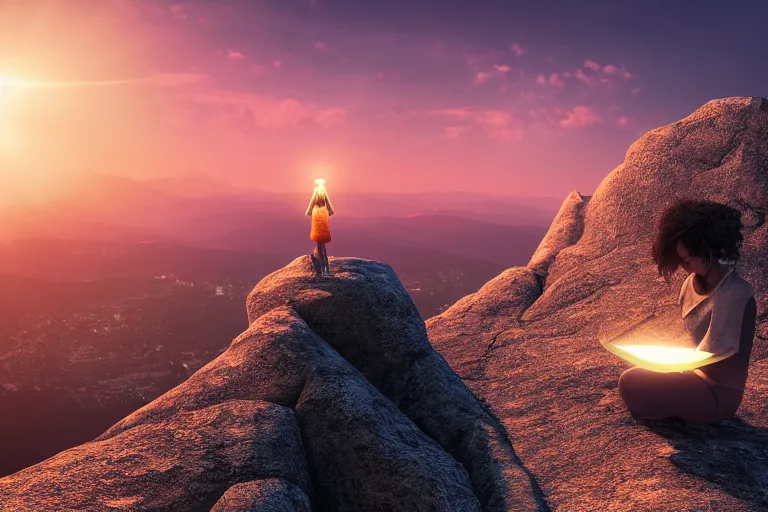 Image similar to a strange creature holding a source of light in her hands she is on top of a mountain, contemplating her existence in a beautiful sunset near dusk, unreal engine, hyper realism, realistic shading, cinematic composition, blender render, octane render