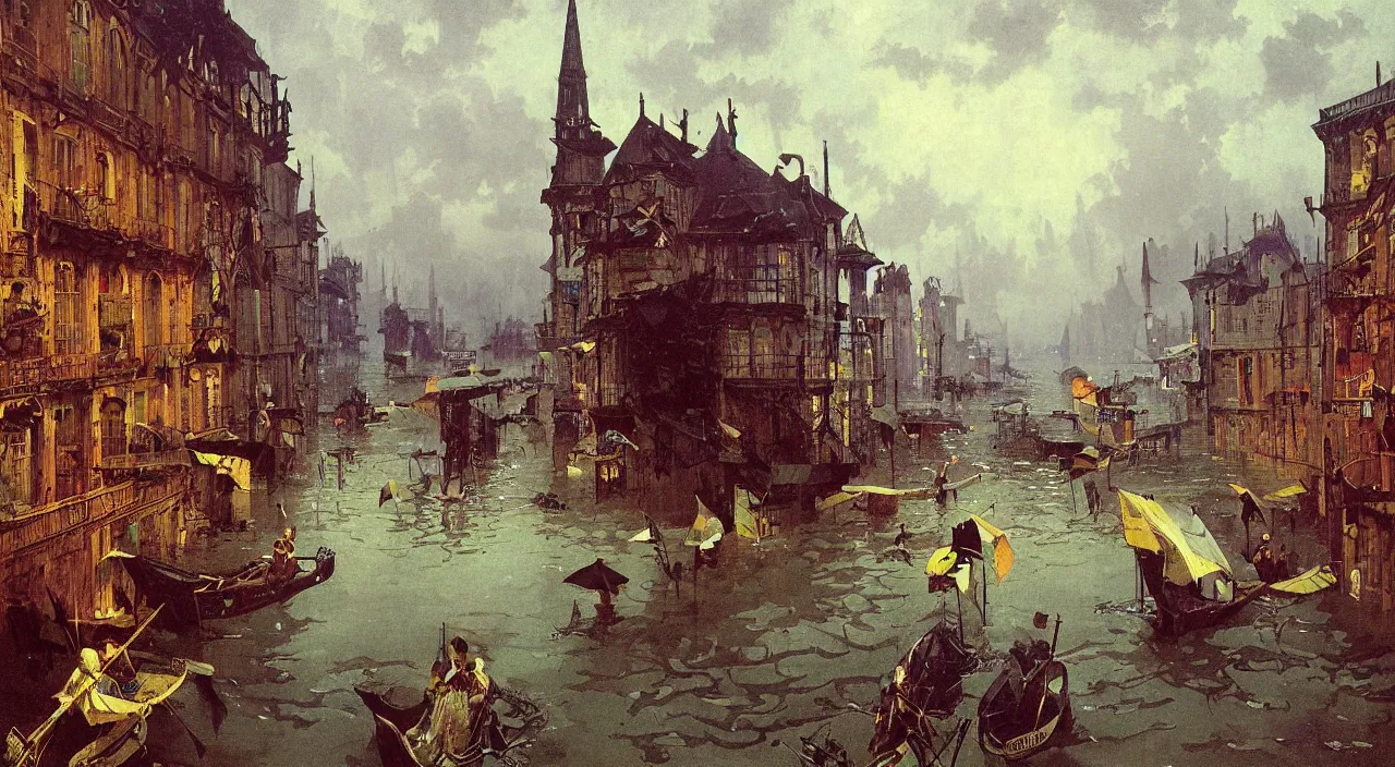 Prompt: very coherent and colorful high contrast!! painting of a flooded town by bruce pennington carl spitzweg rene magritte, full - length view, hard black shadows, vivid colors, symmetry, great composition, high detail, cinematic lighting, masterpiece