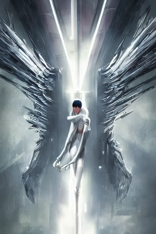 Image similar to white arc-angel with mystic robotic wings, blade runner, akira, ghost in the shell, 2077, ultra detailed, digital art, 8k ,character ,realistic, portrait, hyperrealistic