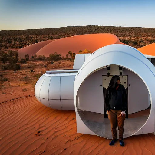 Image similar to flying robotic drone 3d printer printing an earthship house frame in the australian desert, supervised by an asian, caucasian and indian woman, XF IQ4, 150MP, 50mm, F1.4, ISO 200, 1/160s, dawn