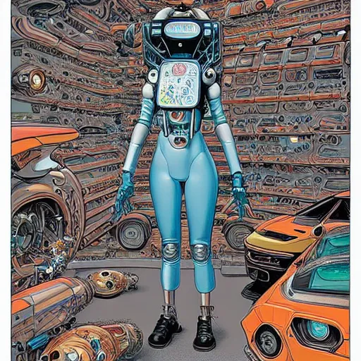 Prompt: a beautiful highly detailed futuristic mechanical lady, cyberpunk garage on jupiter, filled with people,, art by geof darrow,