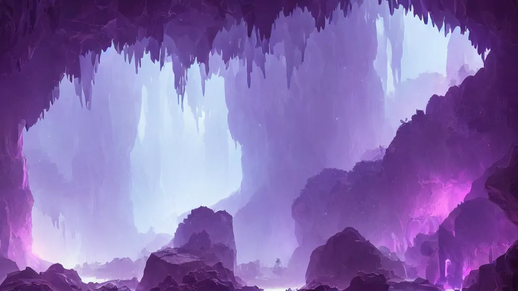 Prompt: a dark cave illuminated by large glowing violet crystal shards and veins, glowing!, foggy, by sylvain sarrailh, rossdraws, ambient light, ultra detailed, fantasy artwork, 8 k, volumetric lighting, trending on artstation, award winning, beautiful scenery, very very very very very very very beautiful.