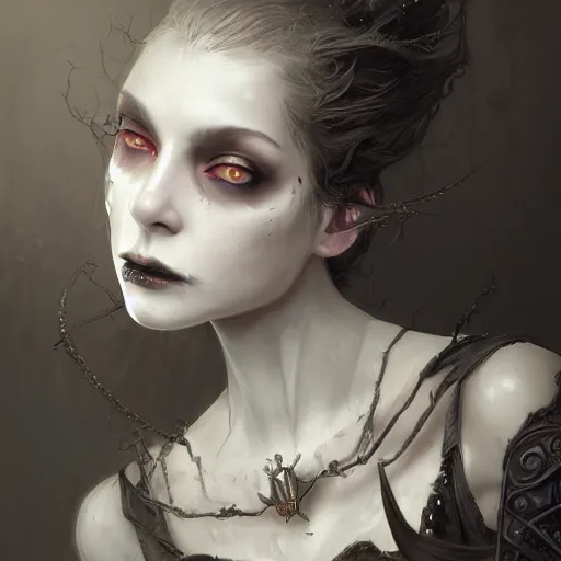 Image similar to detailed portrait of a cute undead goth girl, beautiful, fantasy, intricate, elegant, highly detailed, digital painting, artstation, concept art, matte, sharp focus, illustration, art by aenaluck, artgerm and roberto ferri and greg rutkowski, epic fantasy, digital painting