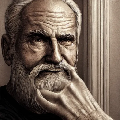 Image similar to man looking in the mirror, old, white beard, dementia, wrinkles, lost in the style of alex ross, 2 d, 4 k, unreal, intricate, digital painting, highly detailed, artstation, sharp focus, illustration, realistic shaded perfect face