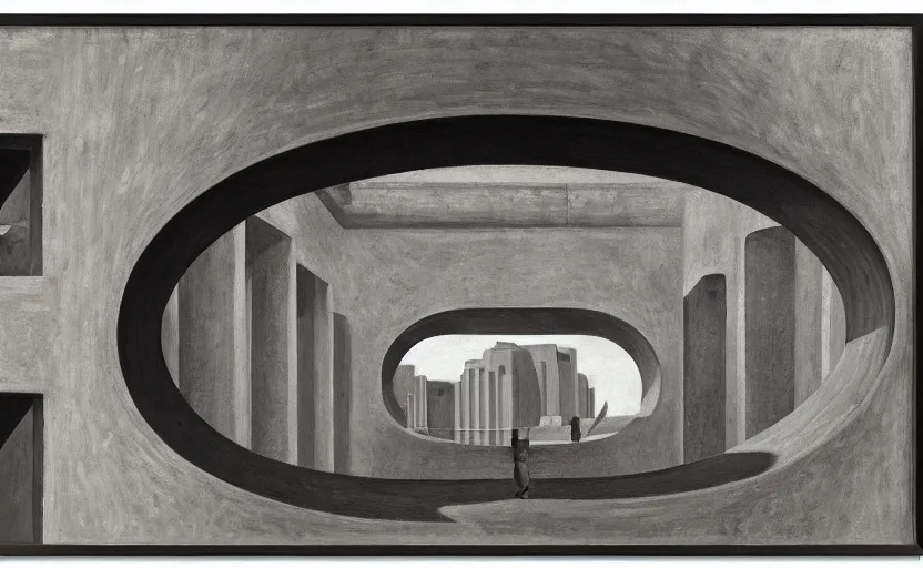 Prompt: first person view of a stark concrete maze, people peering into portholes, grant wood, pj crook, edward hopper, oil on canvas