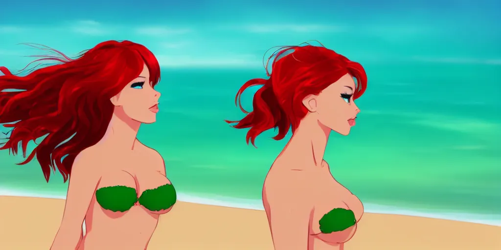 Prompt: very beautiful girl, with red hair, in the style 2d, in a green bikini, hair in a bun