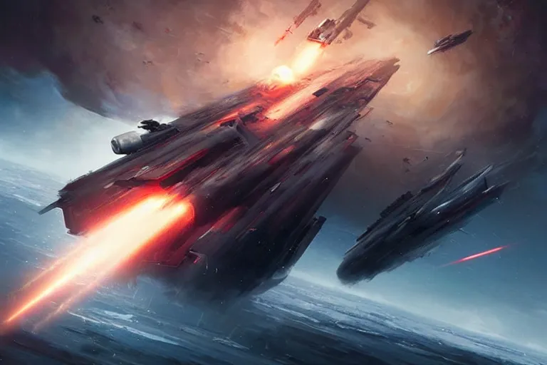 Image similar to large scale space battle, a large warship is exploding, epic science fiction digital art by greg rutkowski