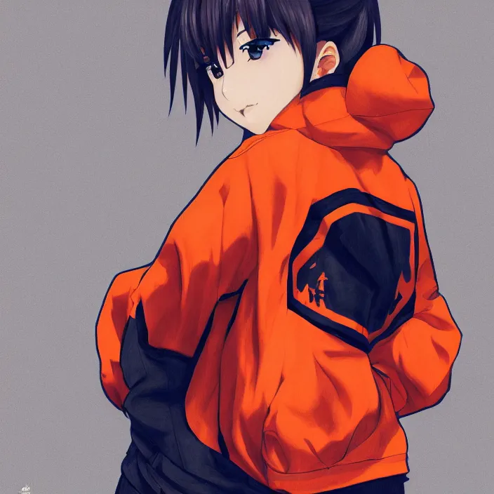 Prompt: full body pose, anime Japanese girl in streetwear, orange jacket, Very highly detailed 8K, Digital painting