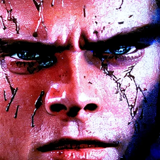 Prompt: extreme close - up of leonardo di caprio as a liquid metal police passing through iron bars in terminator 2