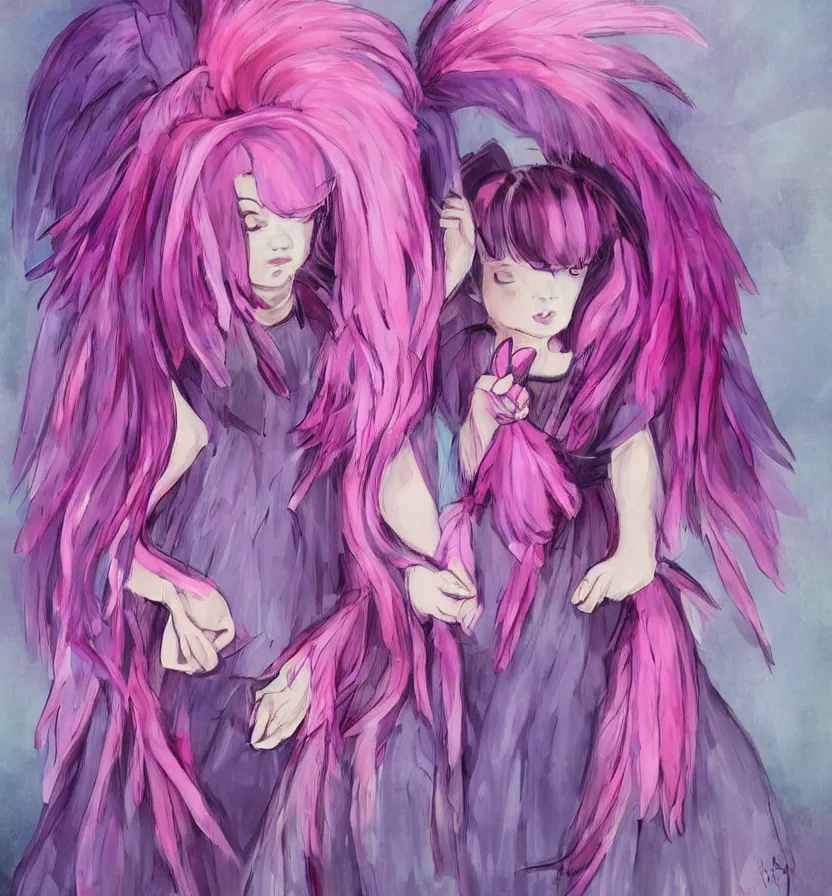 Image similar to little girl with eccentric pink hair wearing a dress made of purple feather, art by dcwj