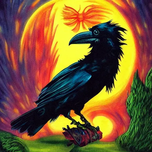 Image similar to fantasy painting of a raven by dr seuss | horror themed | creepy