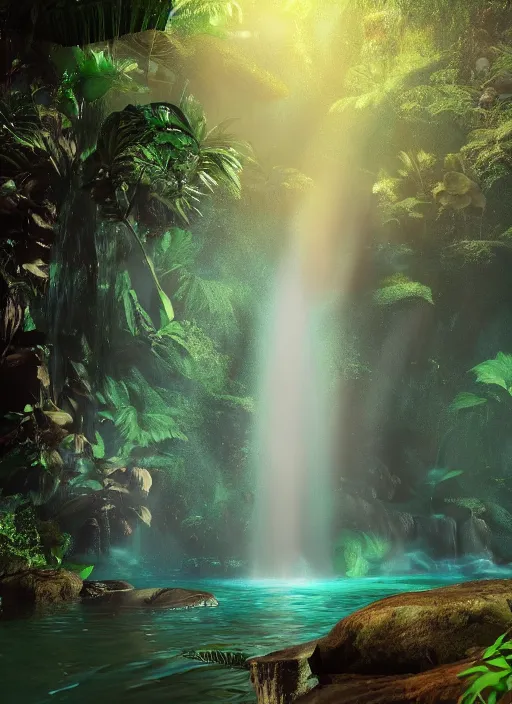 Prompt: great jungle turquiose waterfall, highly detailed, mist, god rays, cinematic, cinematic lighting, octane render, ultra details, painting by tyrus wong, 8K