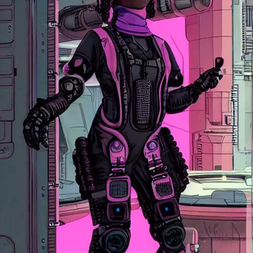 Image similar to cyberpunk mechanic lady in a jumpsuit with robotic feet. pink and black color scheme. concept art by james gurney and mœbius. apex legends character art. gorgeous face.