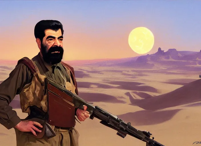 Image similar to portrait of saddam hussein, chilling desert landscape lit by blood moon, rule of thirds, painting by sargent and leyendecker, studio ghibli, fantasy, medium shot, asymmetrical, intricate, elegant, matte painting, hearthstone, crimson gradient, by greg rutkowski and greg tocchini and james gilleard and joe fenton and greg manchess
