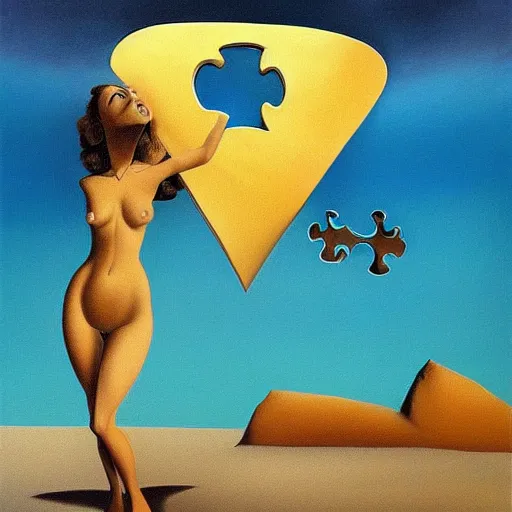 Image similar to A surreal oil painting of a puzzle containing a beautiful woman on a desert beach by Salvador Dali, dark vibes, high contrast, cinematic, depth of field