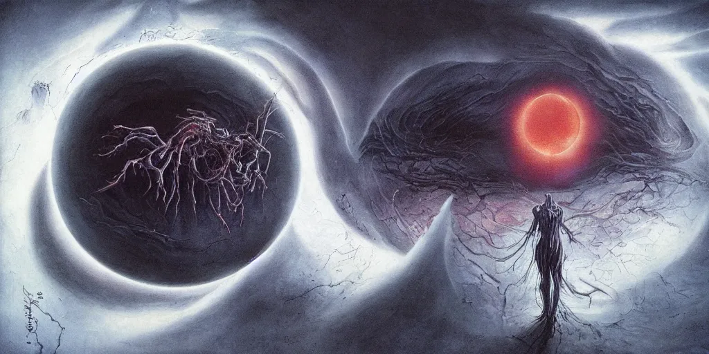 Image similar to the eclipse from berserk, creepy, melting, since, horror, art by wayne barlowe, giger, artgerm