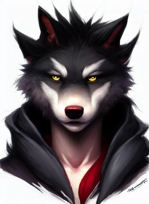 Image similar to character concept art of a black anthropomorphic furry male wolf long red hair | | cute - fine - face, pretty face, key visual, realistic shaded perfect face, fine details by stanley artgerm lau, wlop, rossdraws, james jean, andrei riabovitchev, marc simonetti, and sakimichan, trending on artstation