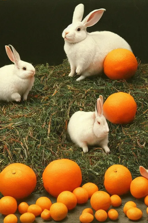 Image similar to fat rabbits with oranges vintage photograph