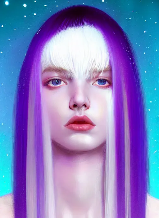 Image similar to hair whitebangs hair, black hair, whitebangs, portrait of teenage girl with white bangs, red irises, purple clothes, white bangs, bangs are different color from hair, intricate, elegant, glowing lights, highly detailed, digital painting, artstation, concept art, smooth, sharp focus, illustration, art by wlop, mars ravelo and greg rutkowski